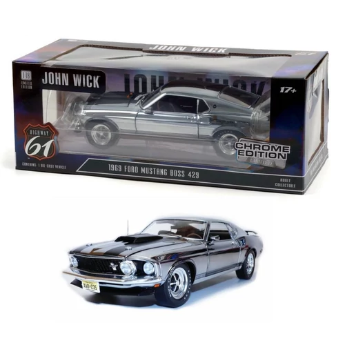 1969 Ford Mustang Boss 429 Chrome John Wick modell autó 1:18